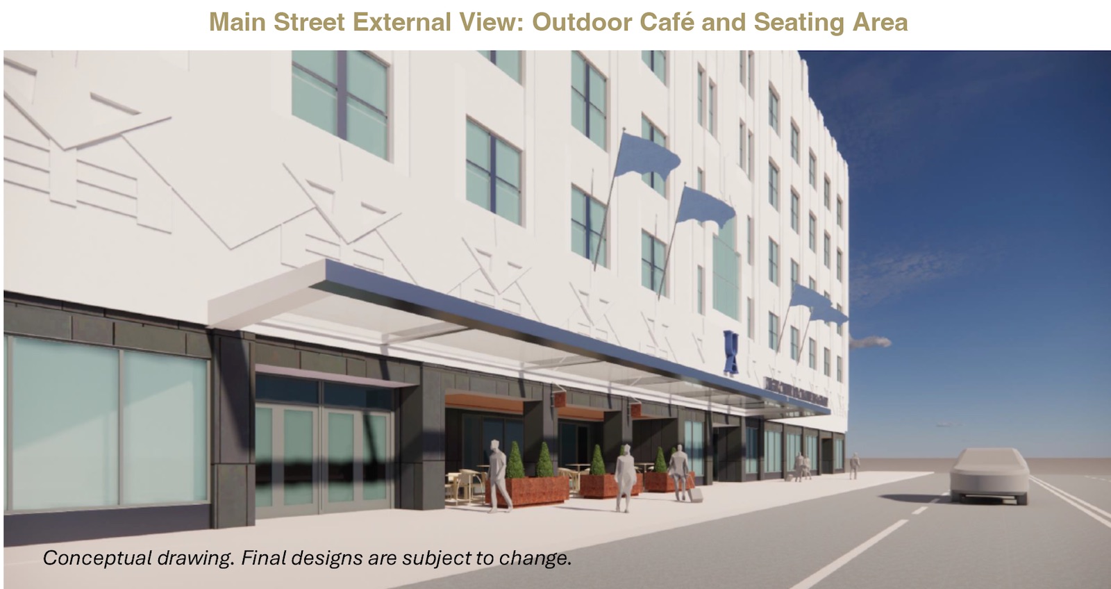 Street-level view of a modern white building with large windows and outdoor caf&eacute; seating under a canopy. People sit and walk near planters, and a few cars are parked along the sidewalk under a blue sky.