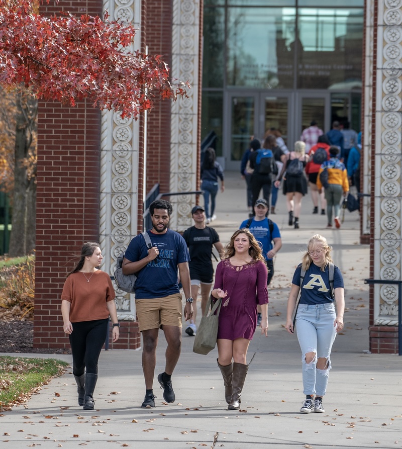 Four college students walk on a campus pathway under a decorative archway, surrounded by autumn trees, while other students walk in the background.