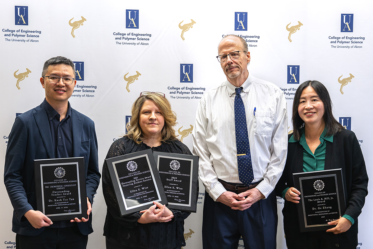 Pictured left to right: Dr. Kwek Tze (KT) Tan, Ellen Wise, Dr. Craig Menzemer and Dr. Ge (Christie) Zhang at the 2025 CEPS Achievement Awards ceremony.